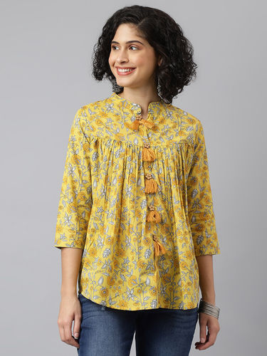 Women Casual Top - Printed Cotton and Royan Fabric, Size S to XXL, Yellow Color with Full Sleeves and Quick Dry Feature