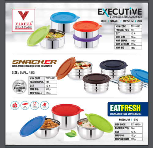 Stainless Steel Lunch Box - Long Body, Silver Color | 4 Sided Locking Lid, Airtight Container, Easy to Carry & Wash