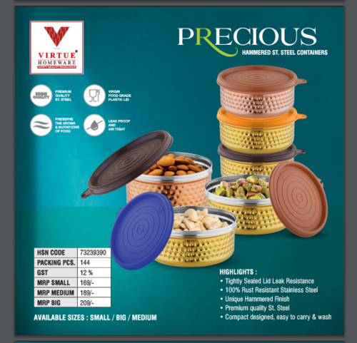 Precious Virtue Homeware Stainless Steel Lunch Box - Capacity: 195 Ml 375 Ml & 575 Ml