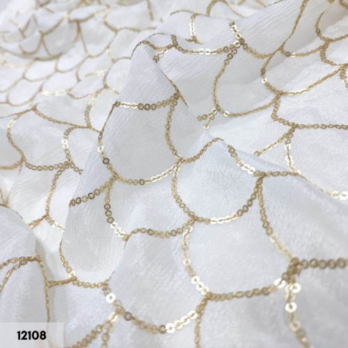 Beautiful Chinon Golden Sequins Work Jaal Pattern Embroidery Fabric