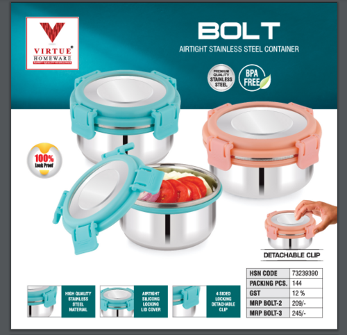 Bolt Virtue Homeware Stainless Steel Lunch Box - Capacity: 350 Ml | 600 Ml | 700 Ml