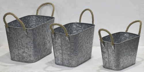 14 Inch Galvanised Planter Set With Jute Handle