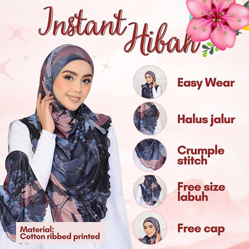 Cotton Ribbed Printed Instant Hijab - Color: As Per Requirement