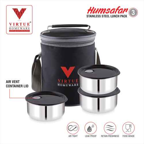 HUMSAFAR 3 VIRTUE HOMEWARE STAINLESS STEEL LUNCH BOX PACK - 3 Pcs Set | 100% Air Tight, 100% Leak Proof, Air Vent Container Lid