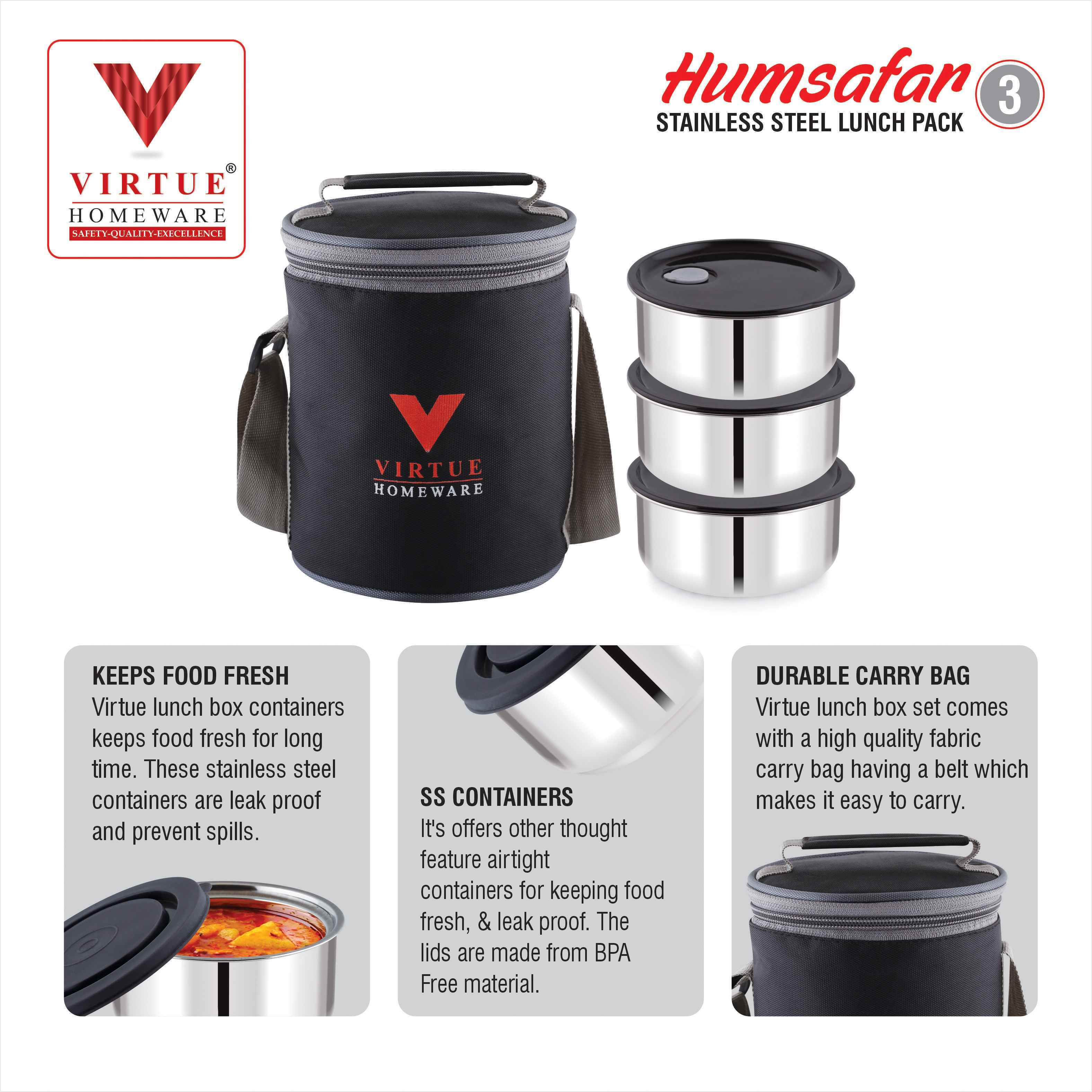 HUMSAFAR 3 VIRTUE HOMEWARE STAINLESS STEEL LUNCH BOX PACK