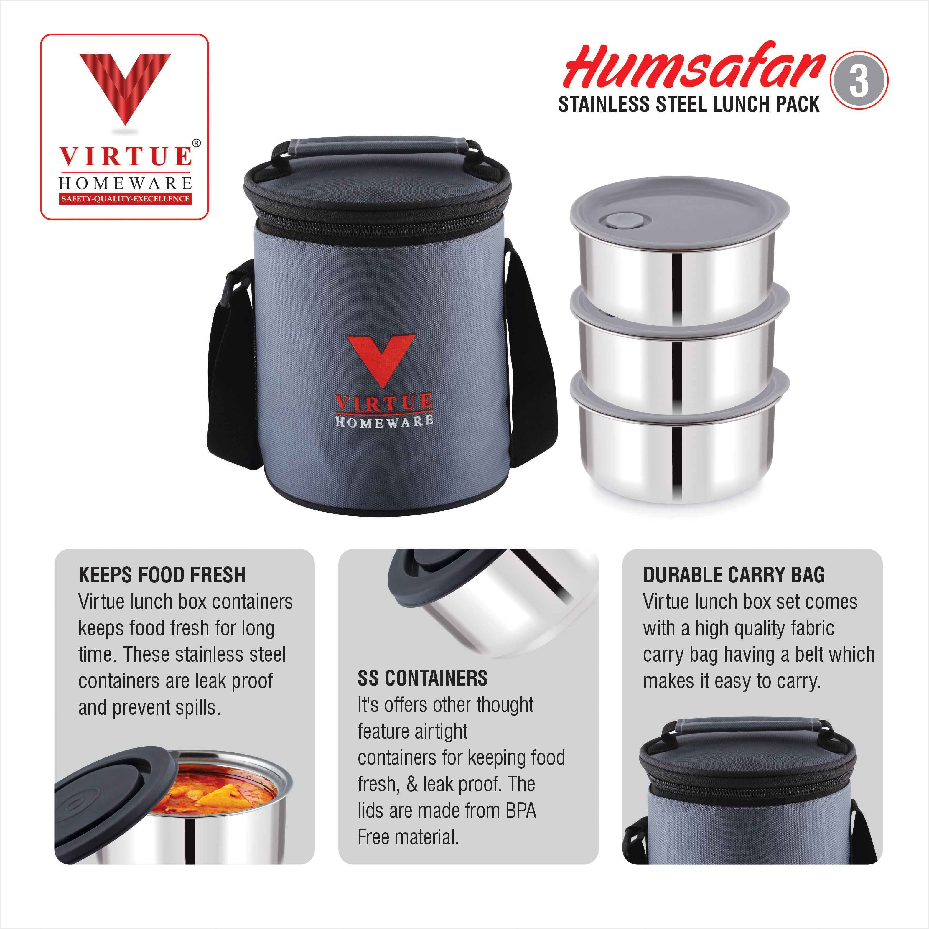 HUMSAFAR 3 VIRTUE HOMEWARE STAINLESS STEEL LUNCH BOX PACK