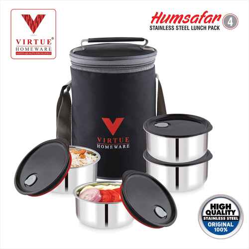 HUMSAFAR 4 VIRTUE HOMEWARE STAINLESS STEEL LUNCH BOX PACK - 4 Pcs Set | 100% Air Tight, 100% Leak Proof, Air Vent Container Lid