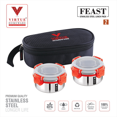 Virtue Homeware - Stainless Steel Lunch Pack 2 Pcs Set | 100% Airtight, 100% Leak Proof, Air Vent Container Lid