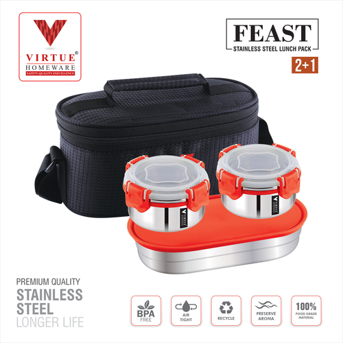 VIRTUE HOMEWARE Stainless Steel Lunch Pack - 3 Units, 100% Air Tight & Leak Proof | Features Reinforced Plastic Handles, Anti-Slip Silicone Base, Dual Compartment Design