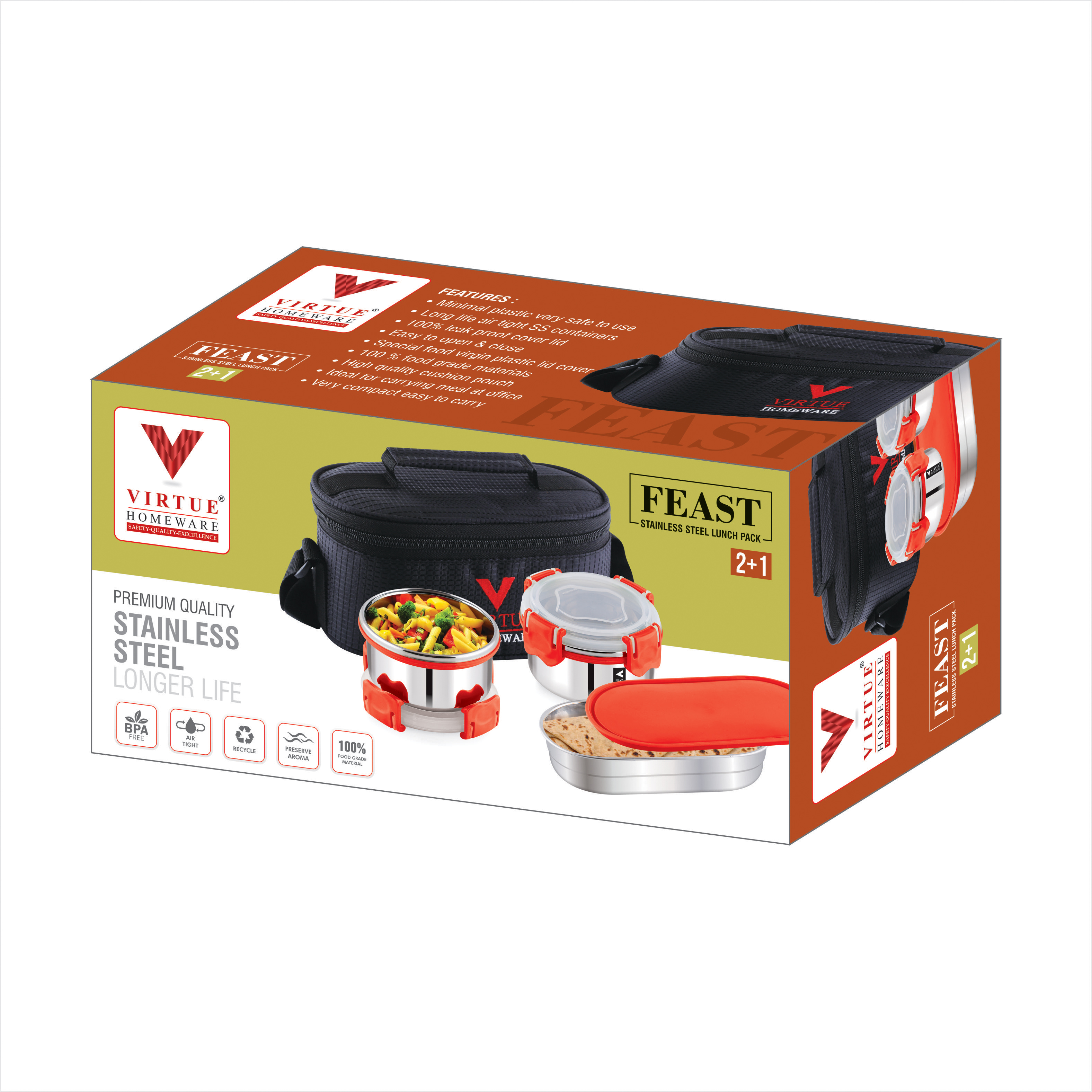 FEAST 2+1 VIRTUE HOMEWARE STAINLESS STEEL LUNCH BOX PACK