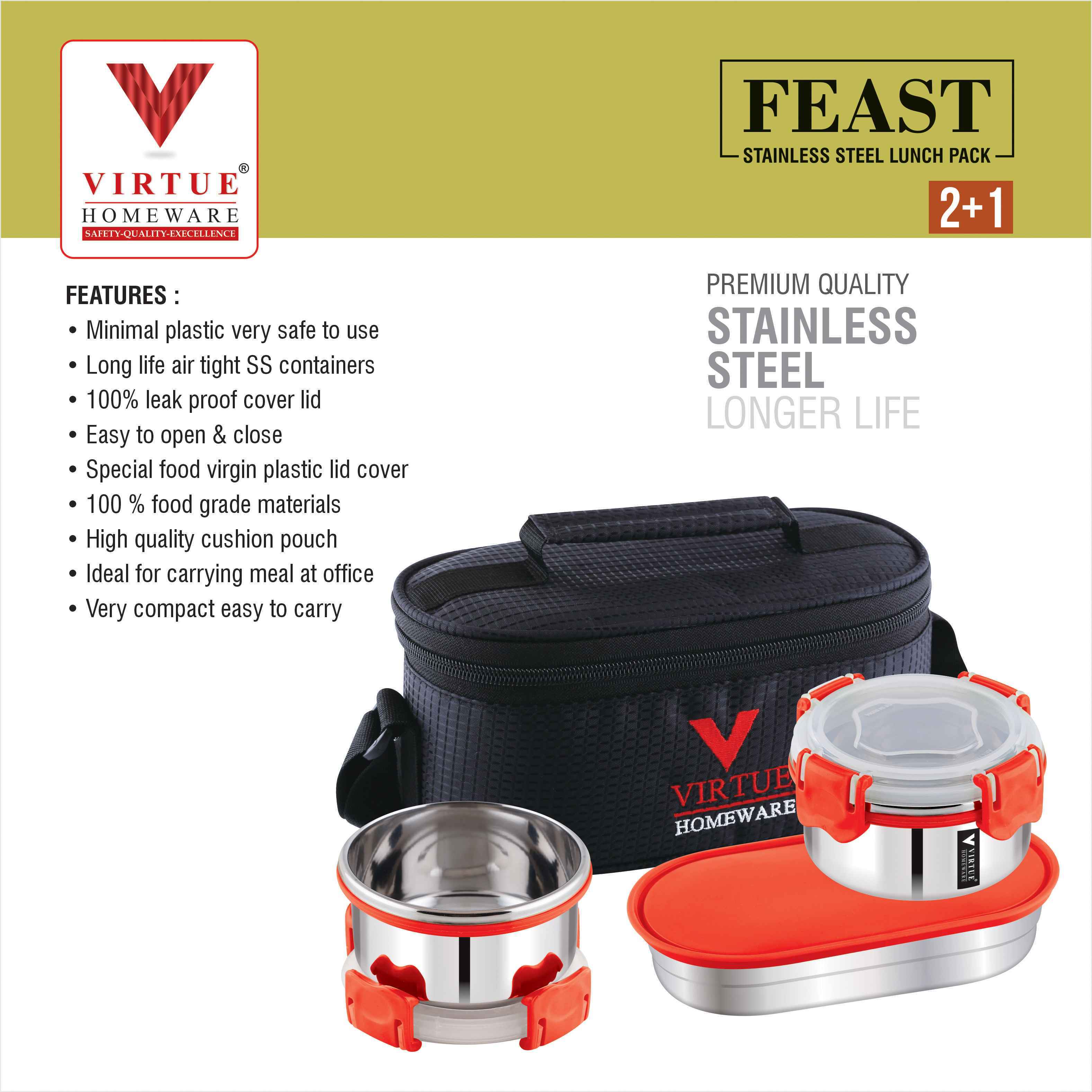 FEAST 2+1 VIRTUE HOMEWARE STAINLESS STEEL LUNCH BOX PACK