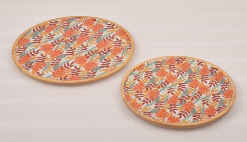 13 Inch Wooden Round Plate With Enamel - Color: Brown