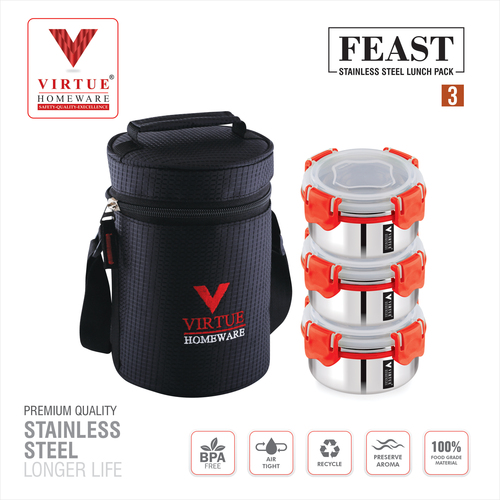 Feast 3 Virtue Homeware Stainless Steel Lunch Box Pack - Capacity: 500 Ml Per Container