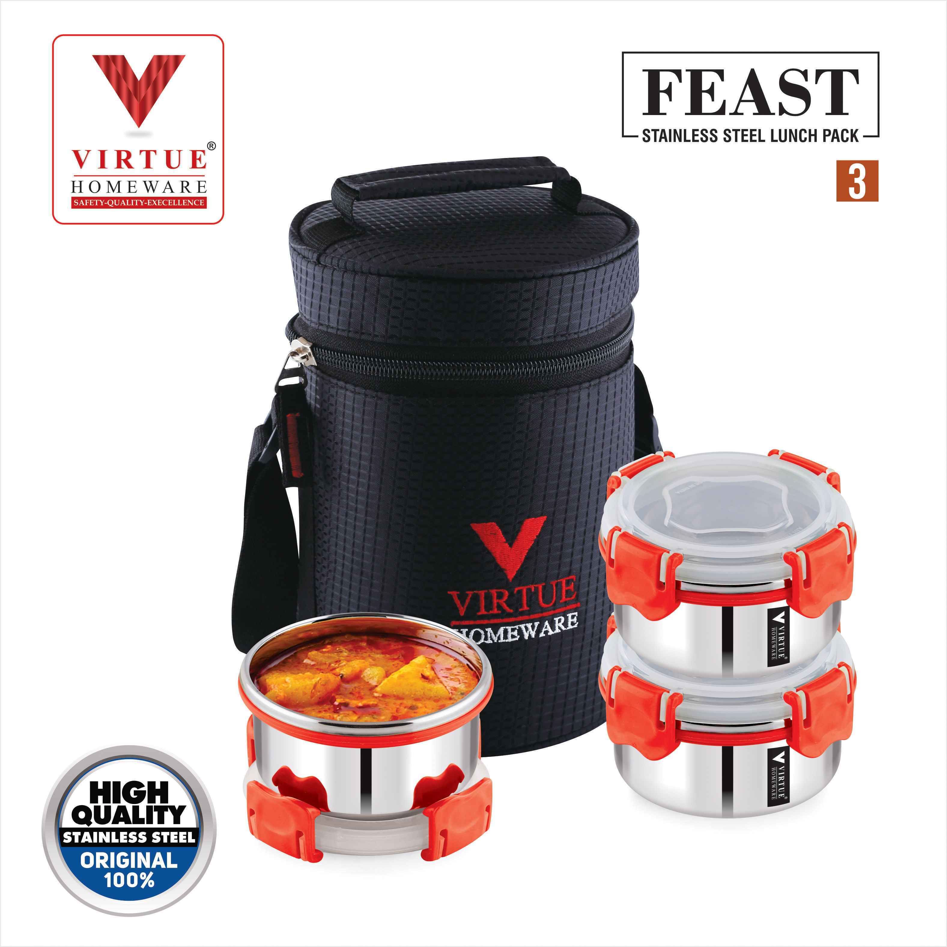 FEAST 3 VIRTUE HOMEWARE STAINLESS STEEL LUNCH BOX PACK