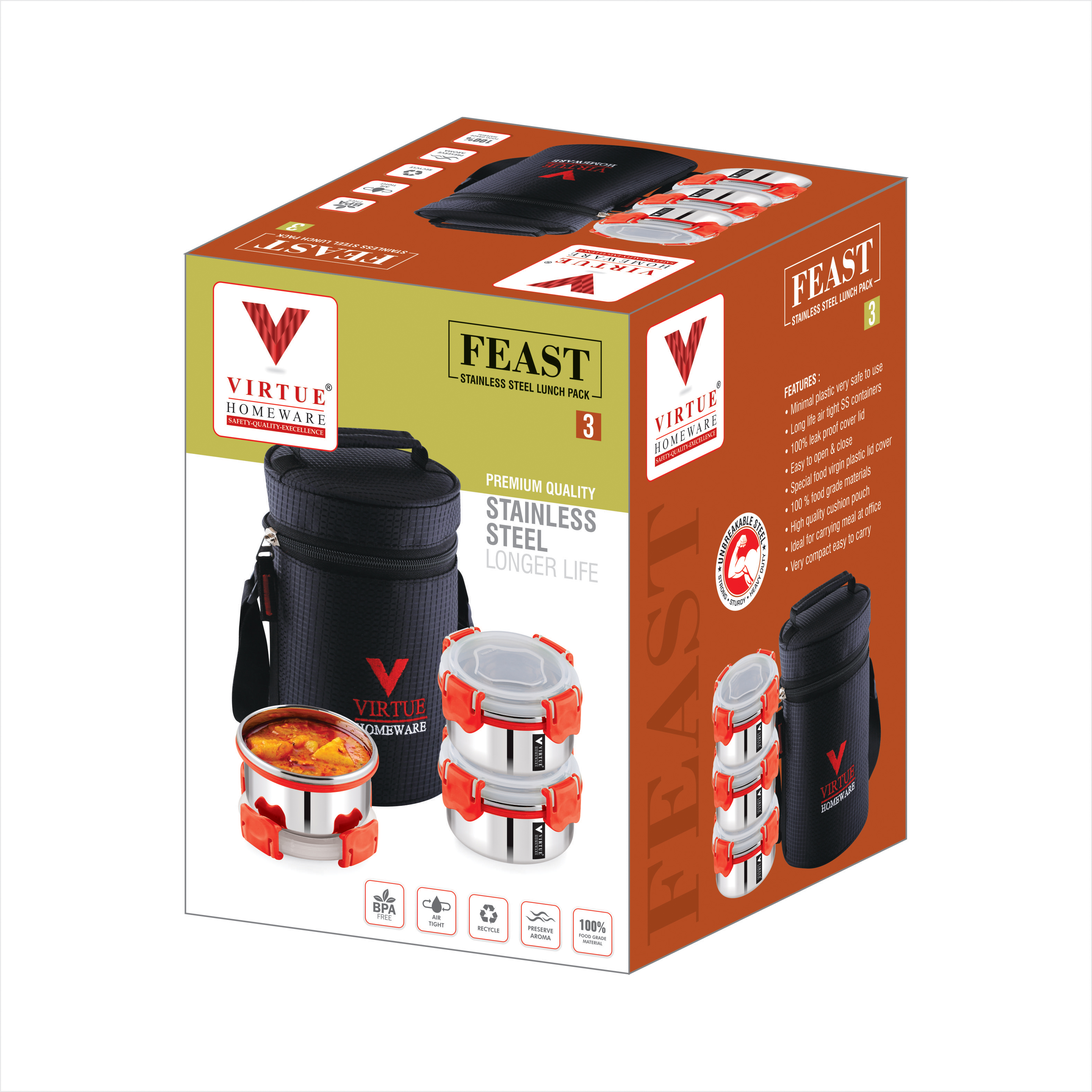 FEAST 3 VIRTUE HOMEWARE STAINLESS STEEL LUNCH BOX PACK