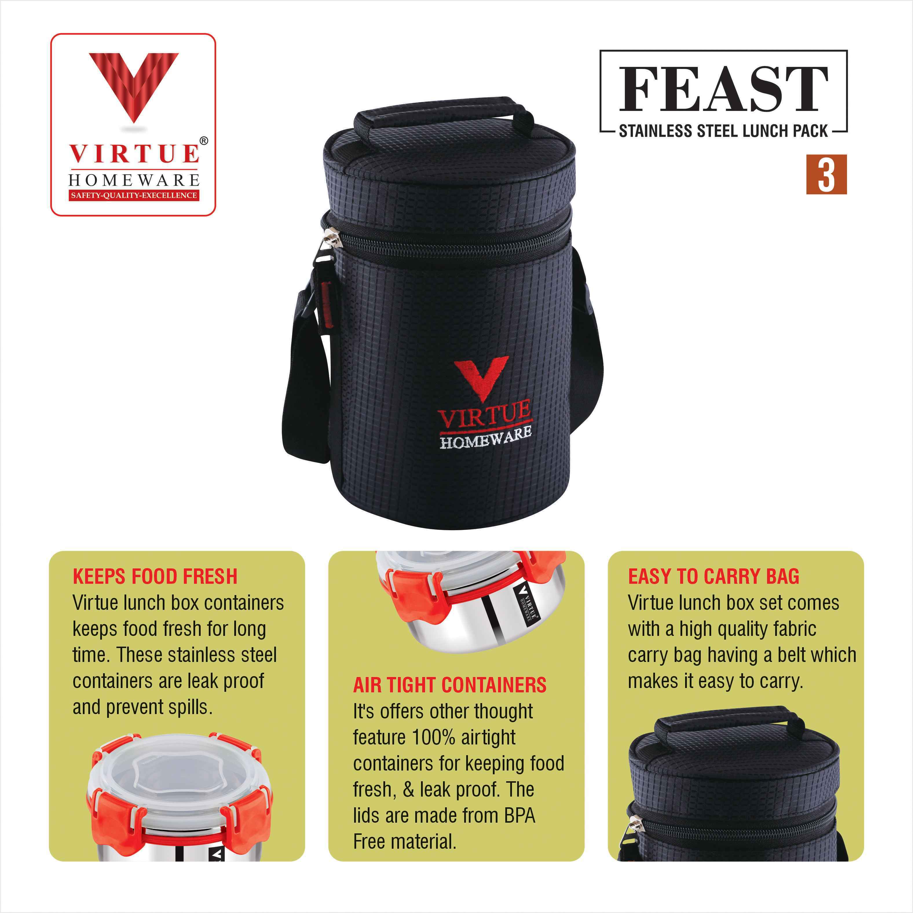 FEAST 3 VIRTUE HOMEWARE STAINLESS STEEL LUNCH BOX PACK