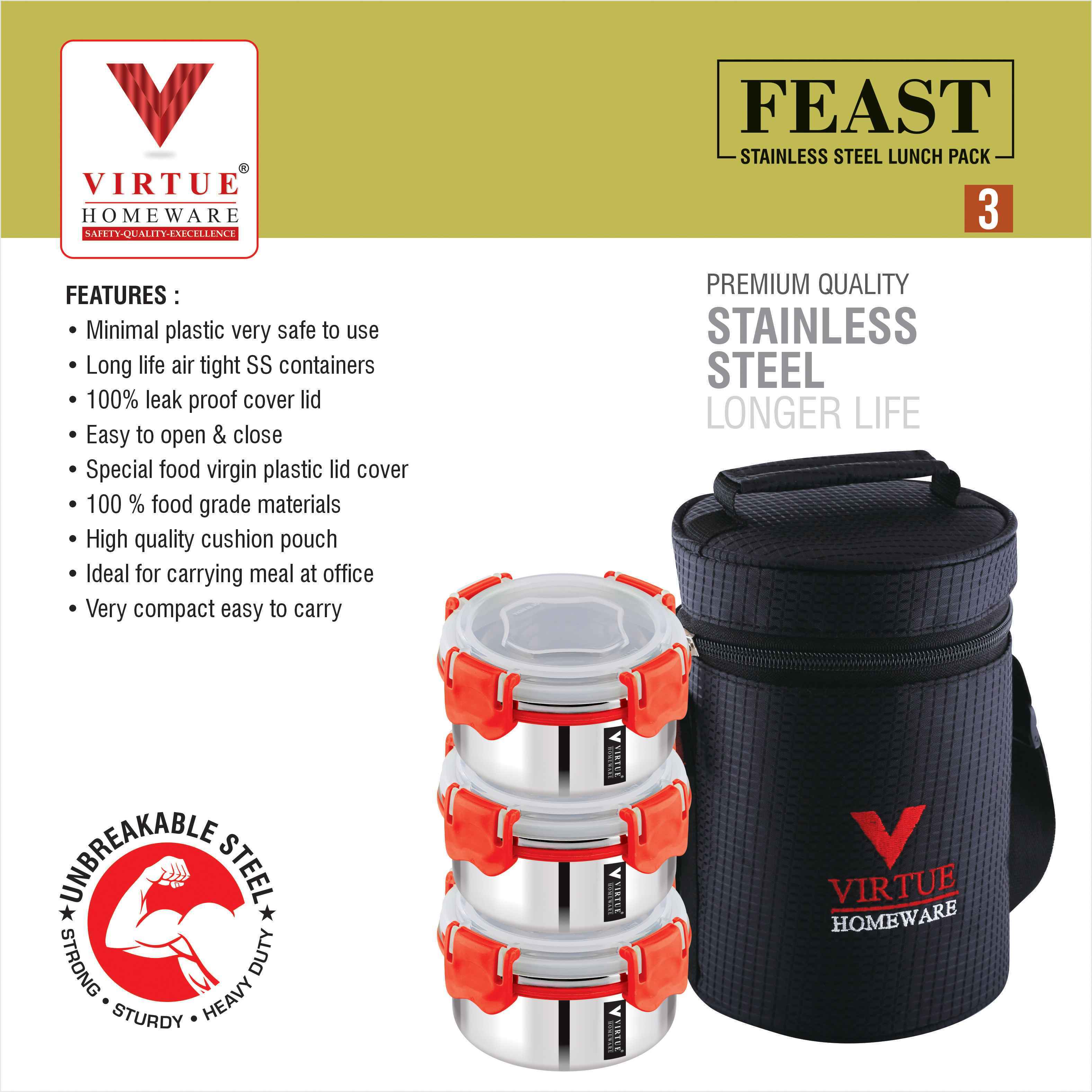 FEAST 3 VIRTUE HOMEWARE STAINLESS STEEL LUNCH BOX PACK