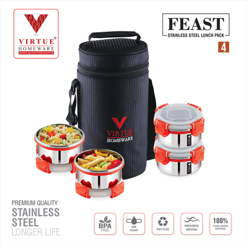 FEAST 4 VIRTUE HOMEWARE STAINLESS STEEL LUNCH BOX PACK - 4-Piece Set | 100% Airtight Containers, Convenient Carry Bag