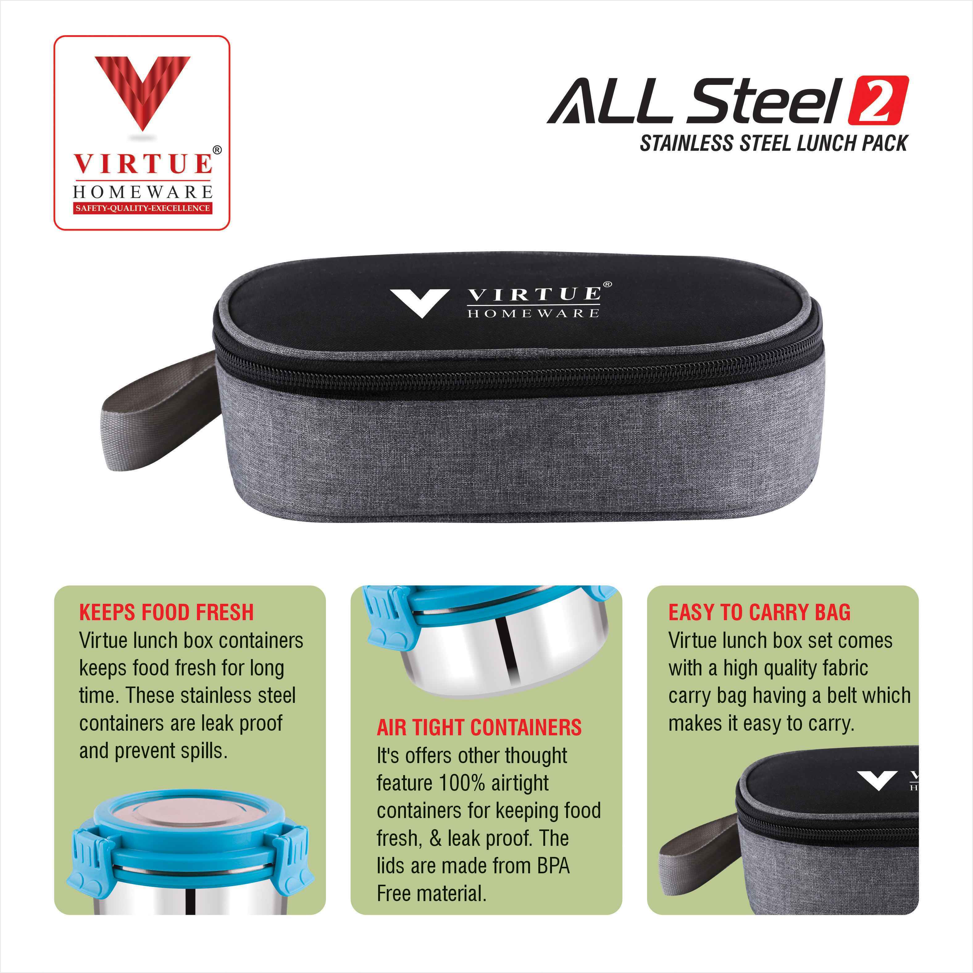 ALL STEEL 2 VIRTUE HOMEWARE STAINLESS STEEL LUNCH BOX PACK