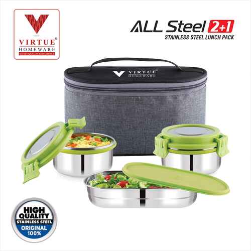 All Steel 2+1 Virtue Homeware Stainless Steel Lunch Box Pack - Color: Green And Silver