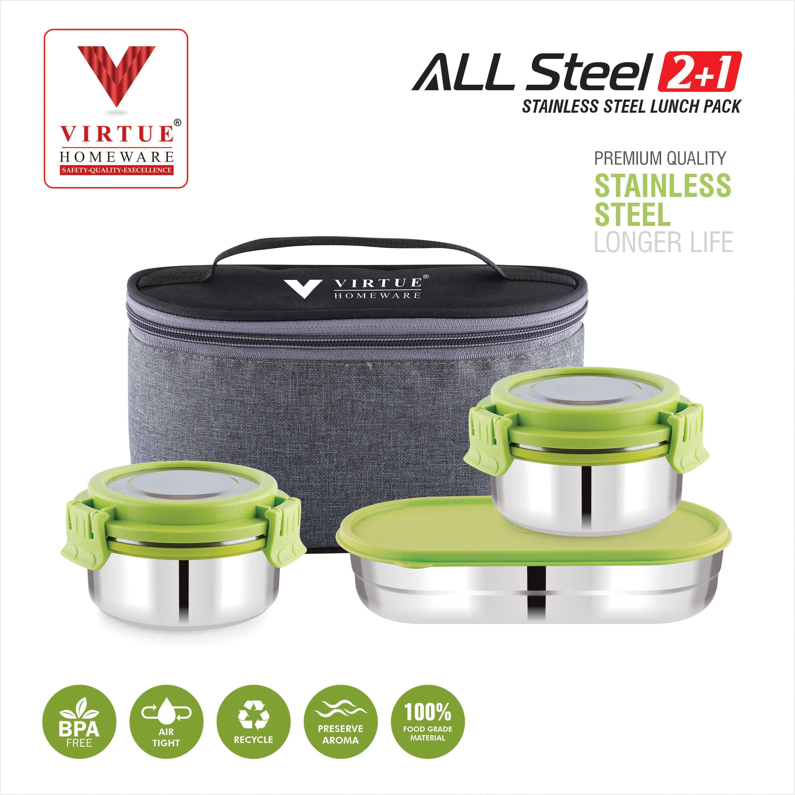 ALL STEEL 2+1 VIRTUE HOMEWARE STAINLESS STEEL LUNCH BOX PACK