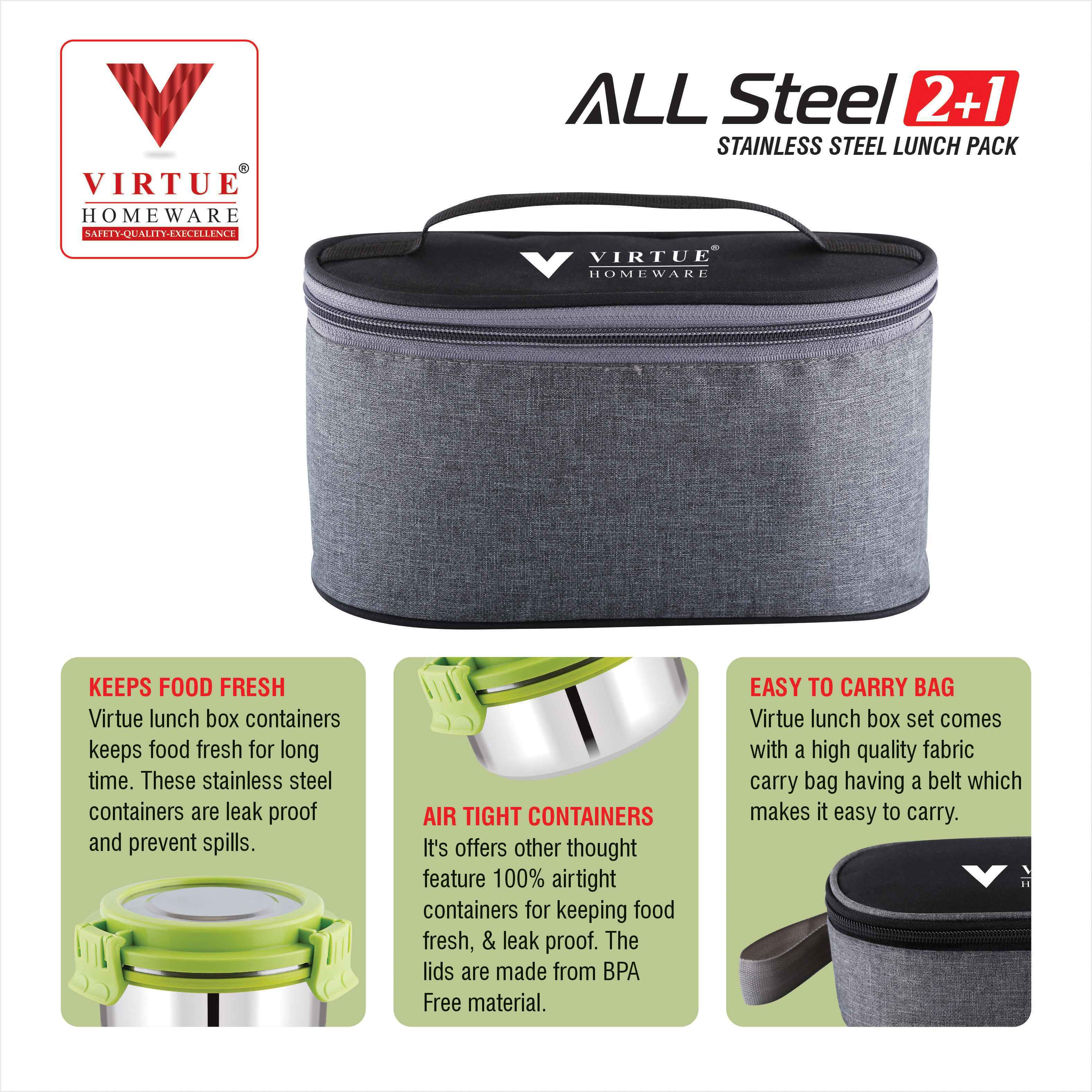 ALL STEEL 2+1 VIRTUE HOMEWARE STAINLESS STEEL LUNCH BOX PACK