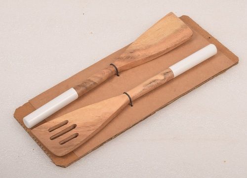 12 Inch Wooden Salad Server With White Handle