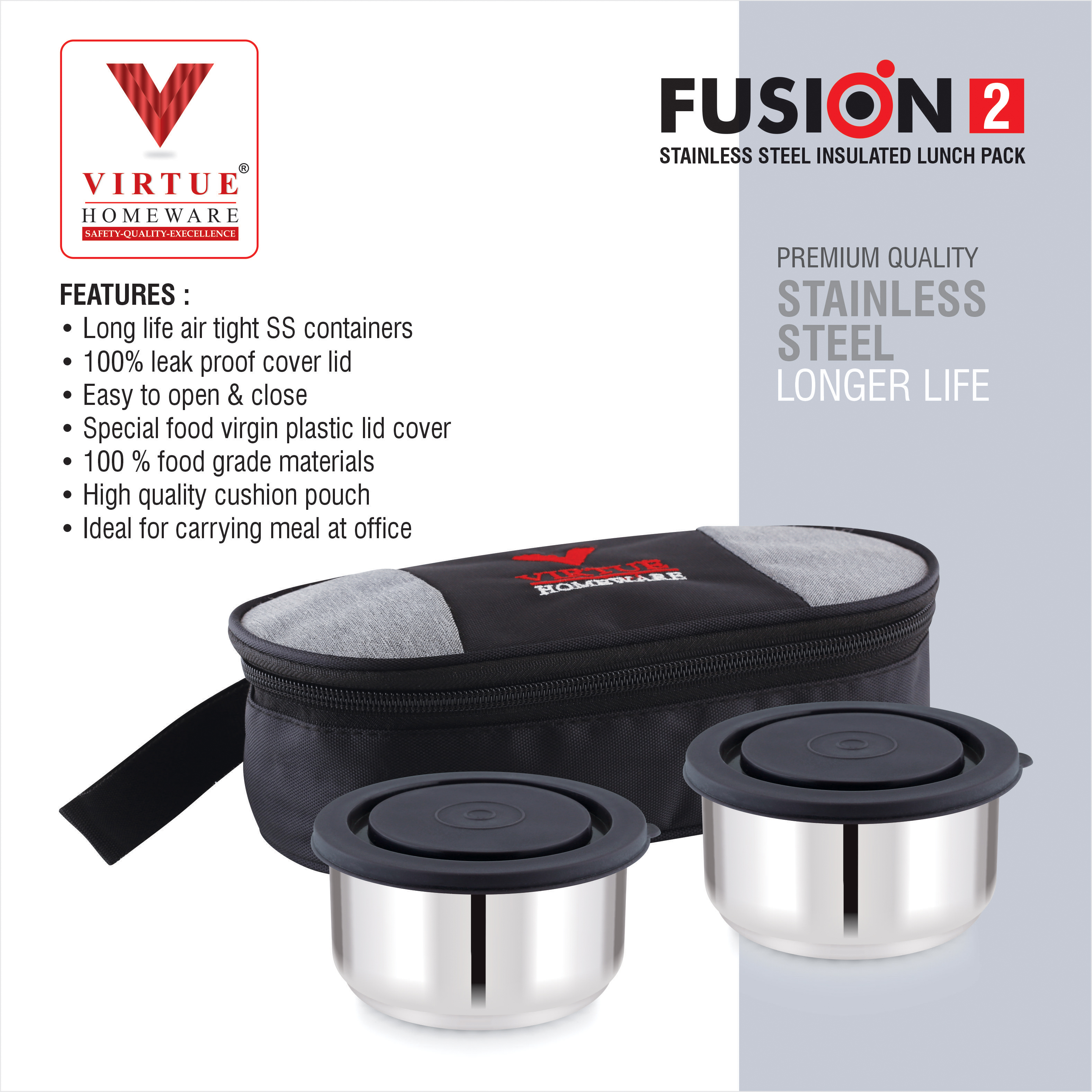 FUSION 2 VIRTUE HOMEWARE STAINLESS STEEL LUNCH BOX PACK