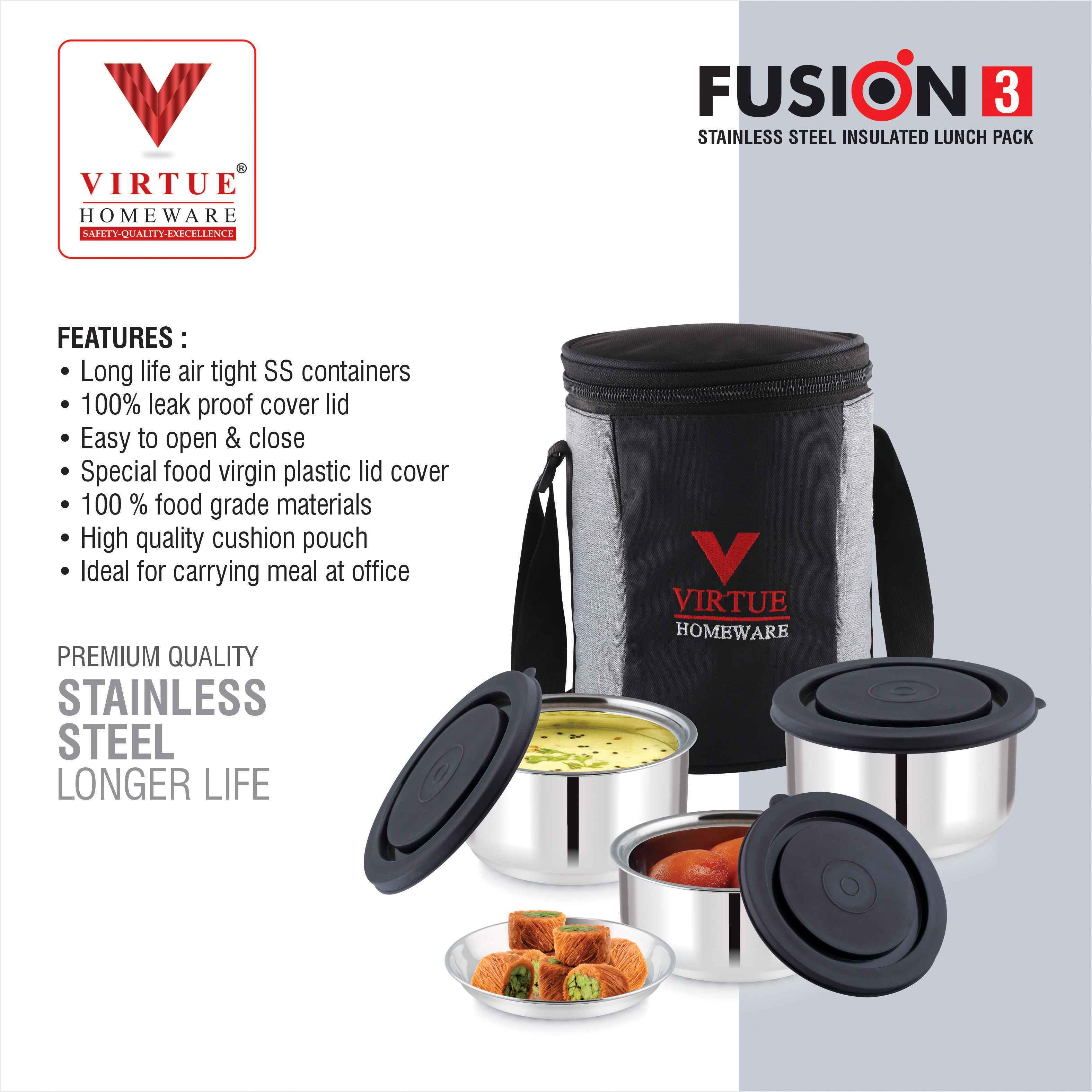 FUSION 3 VIRTUE HOMEWARE STAINLESS STEEL LUNCH BOX PACK