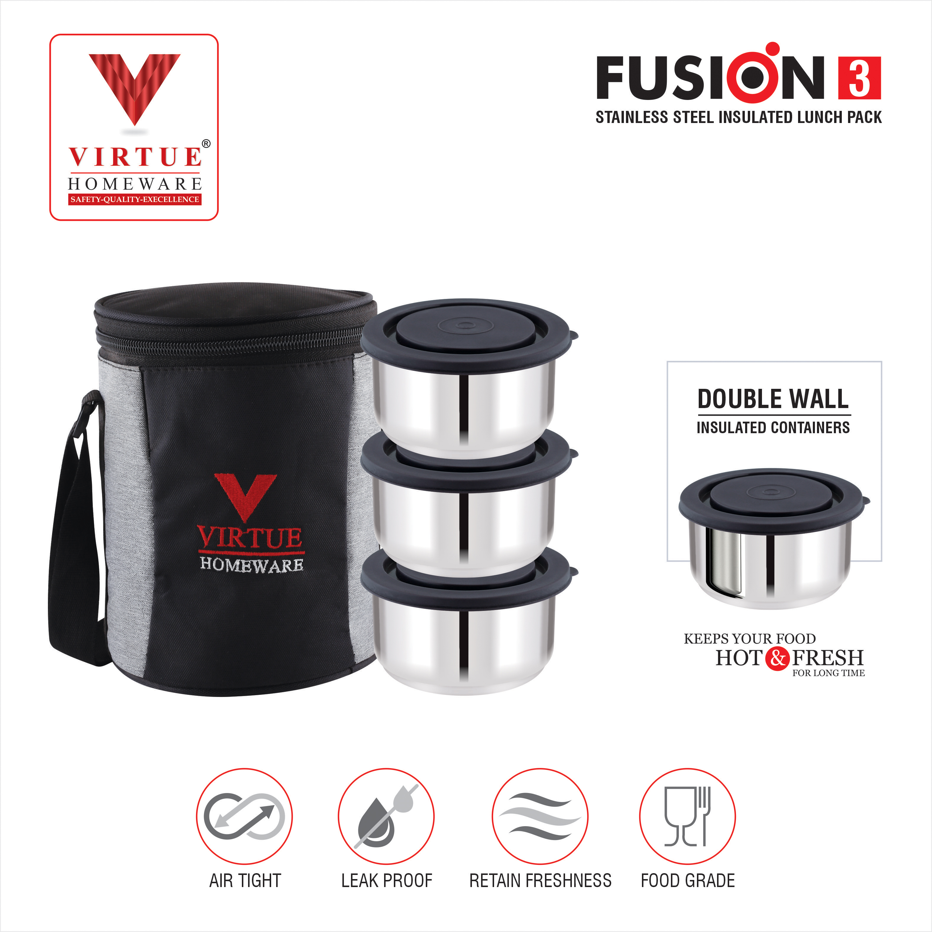 FUSION 3 VIRTUE HOMEWARE STAINLESS STEEL LUNCH BOX PACK