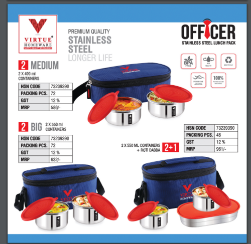 Officer 2/ 2+1 Virtue Homeware Stainless Steel Lunch Box Pack - Color: Silver With Red Lids And Blue Carry Bag