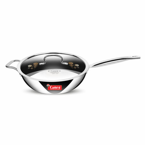 Camro Triply Stainless Steel Wok Pan With Lid - Color: Silver