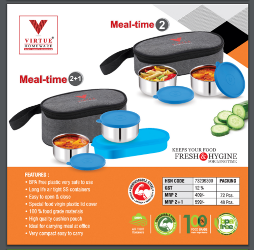 MEAL-TIME 2/ 2+1 VIRTUE HOMEWARE STAINLESS STEEL LUNCH BOX PACK