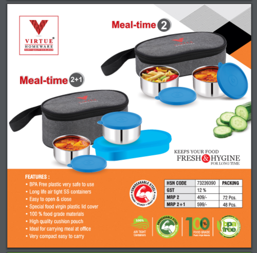 Meal-Time 2/ 2+1 Virtue Homeware Stainless Steel Lunch Box Pack - Capacity: 500Ml X2 + 300Ml X1 (Meal-Time 2+1) 300Ml X2 (Meal-Time 2)