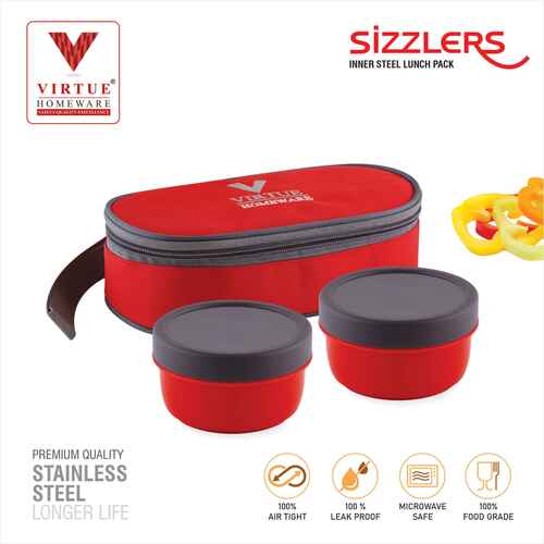 Virtue Homeware - Stainless Steel Lunch Pack Set 2pcs | 100% Airtight, Easy to Carry Red Bag