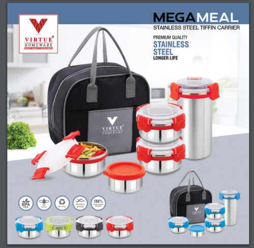 MEGA MEAL VIRTUE HOMEWARE STAINLESS STEEL LUNCH BOX PACK - 5 Pcs Set | 100% Air Tight Container, Easy to Carry Bag
