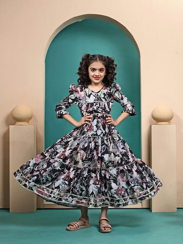 Girls Anarkali Gown - High-Quality Cotton, Custom Size for Ages 4 to 14 , Multicolor Printed Pattern with Full Sleeves for Stylish Comfort