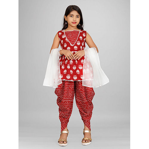 Girls Reyon Peplum Top and Dhoti Set with Bandhani Printed Dupatta