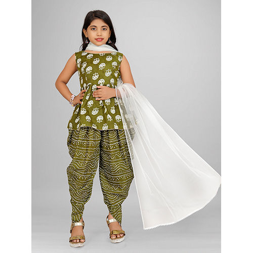 Kids Girl Green Ethnic Cotton Dhoti Dupatta Set