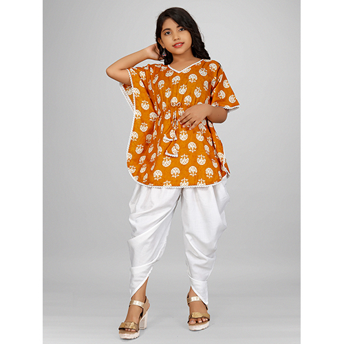 Girls Kaftan With Bottom Set - Woolen Material, Customized Size, Multicolor Print , Short Sleeves, Washable for Easy Maintenance
