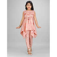 Girls Kurta Set - Brocade, Sleeveless, Baby Pink With Vibrant Multicolor Print | Washable, Comfortable, Perfect For Casual And Ethnic Wear