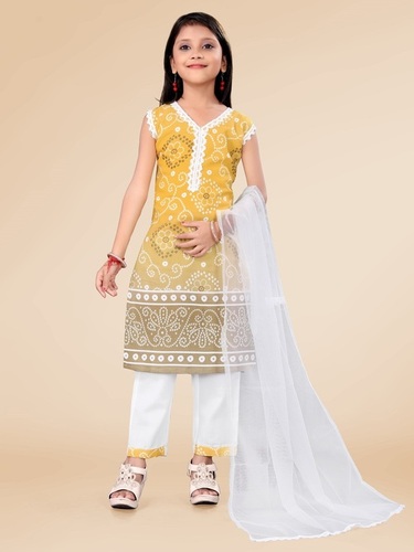 Yellow Salwar Suit Set - Cotton Blend Customized Size Multicolor Printed Long Sleeves | Elegant Design Washable for Easy Care