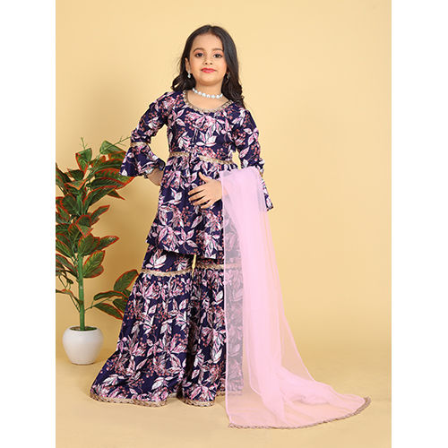 Girls Voilet Floral Printed Slub Kurta With Sharara Set