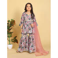 Girls Ethnic Wear Printed Cotton Sharara Set - Customized Sizes, Vibrant Multicolor Pattern, Full Sleeve Top, Washable Fabric