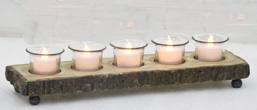 T-Light With Wooden Tray With Bark