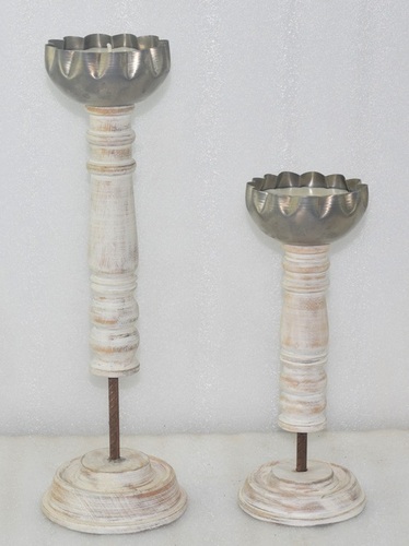 Wooden White Wash T-Light Stand With Vax