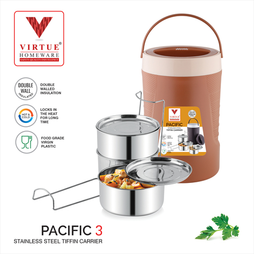 PACIFIC 3 VIRTUE HOMEWARE STAINLESS STEEL LUNCH BOX PACK - 3PCS Set, 100% Air Tight Container, Easy to Carry Bag