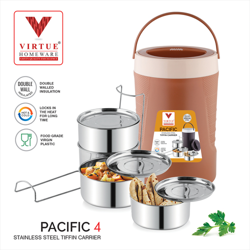 PACIFIC 4 VIRTUE HOMEWARE STAINLESS STEEL LUNCH BOX PACK - 4PCS Set | 100% Air Tight Containers, Easy to Carry Bag