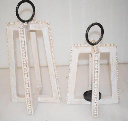 Wooden White Wash With Beads Pedestal T-Light Stand Set