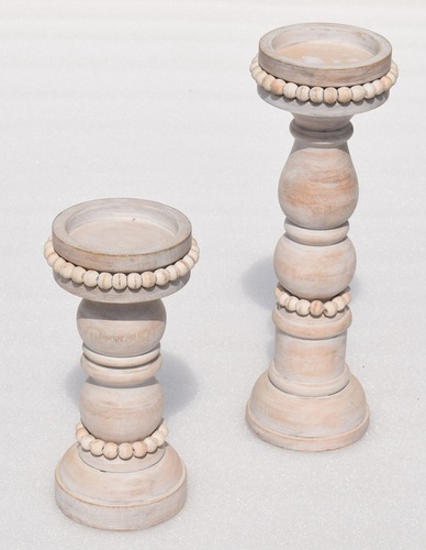 Wooden White Wash Beads Pedestal T-Light